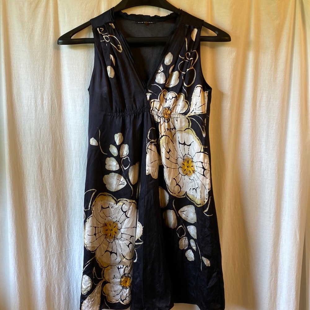 Elie Tahari 100% Silk Black Floral Print Dress